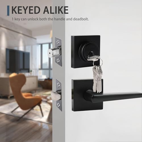 JESSTTI Entry Door Deadbolt and Lever Set Matte Black