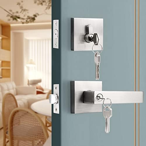 Probrico Front Door Entry Handle Set - Brushed Nickel Single Cylinder Deadbolt