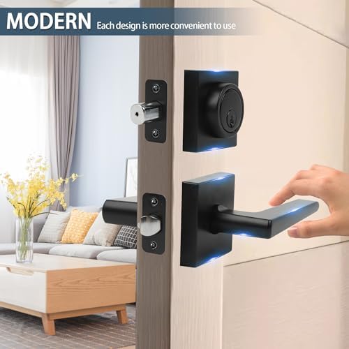 JESSTTI Entry Door Deadbolt and Lever Set Matte Black