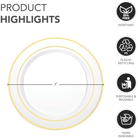 Party Essentials Divine Plastic Disposable Dinnerware 75 Set of 24 Gold Rim