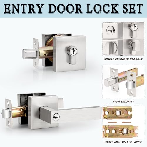 Probrico Front Door Entry Handle Set - Brushed Nickel Single Cylinder Deadbolt
