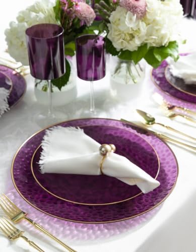 7 EcoQuality Purple Plastic Plates with Gold Rim