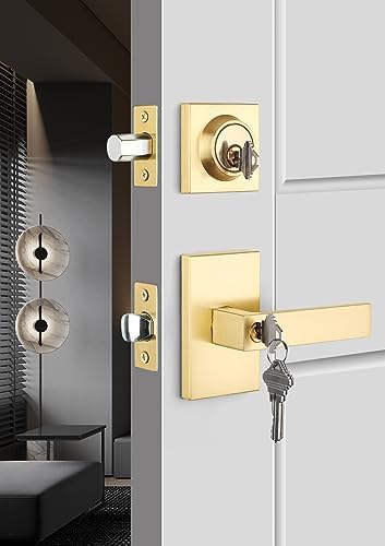 GoldenWarm Gold Door Handle with Deadbolt Set
