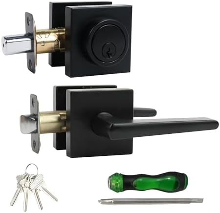 JESSTTI Entry Door Deadbolt and Lever Set Matte Black