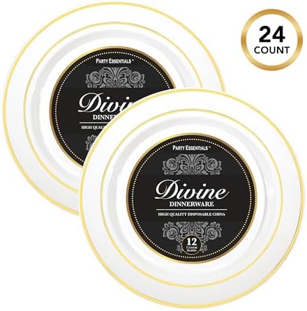 Party Essentials Divine Plastic Disposable Dinnerware 75 Set of 24 Gold Rim