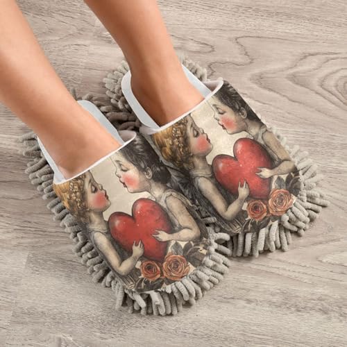 Burbuja Valentine Cupid Mop Slippers Washable Microfiber Cleaning Slippers for Women Men