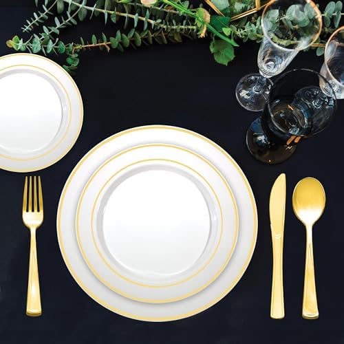 Party Essentials Divine Plastic Disposable Dinnerware 75 Set of 24 Gold Rim