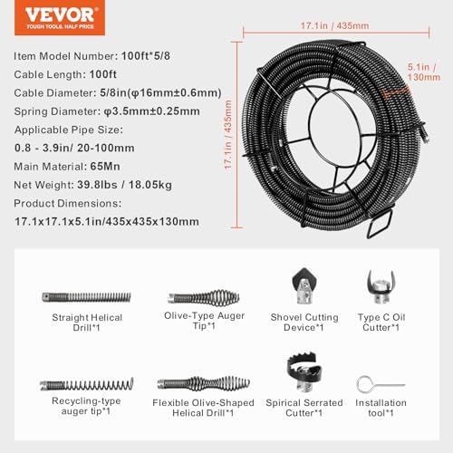 Professional Drain Cleaning Cable with 7 Cutters for 08 to 39 Pipes