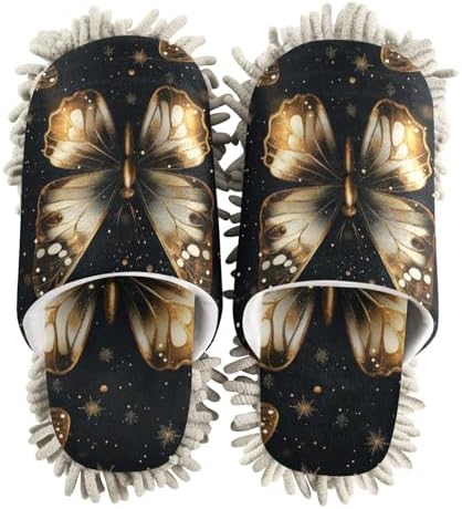 Microfiber Cleaning Slippers for MenWomen Gold Butterfly Design Washable Floor Mop