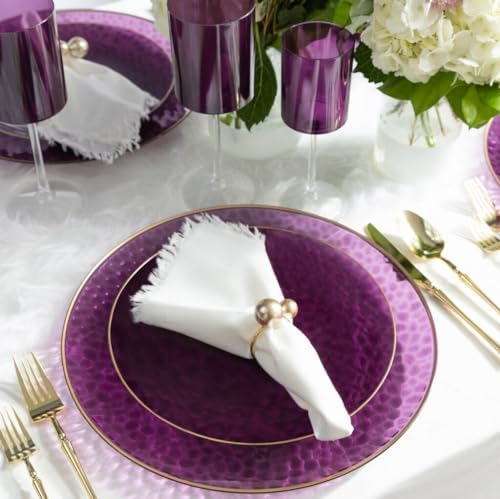 7 EcoQuality Purple Plastic Plates with Gold Rim