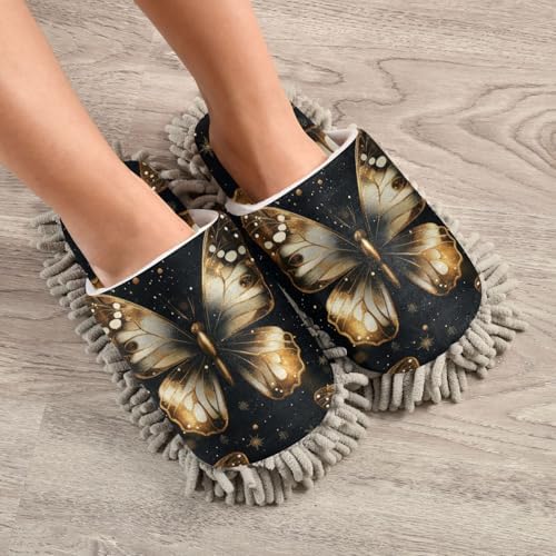 Microfiber Cleaning Slippers for MenWomen Gold Butterfly Design Washable Floor Mop