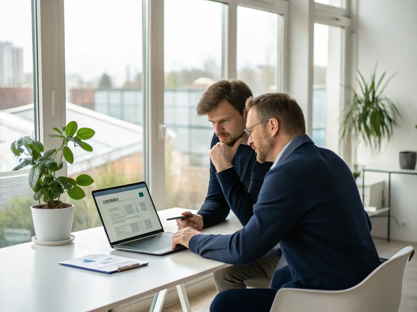 A consultant reviewing a digital transformation roadmap with a client, highlighting key milestones and strategic initiatives.