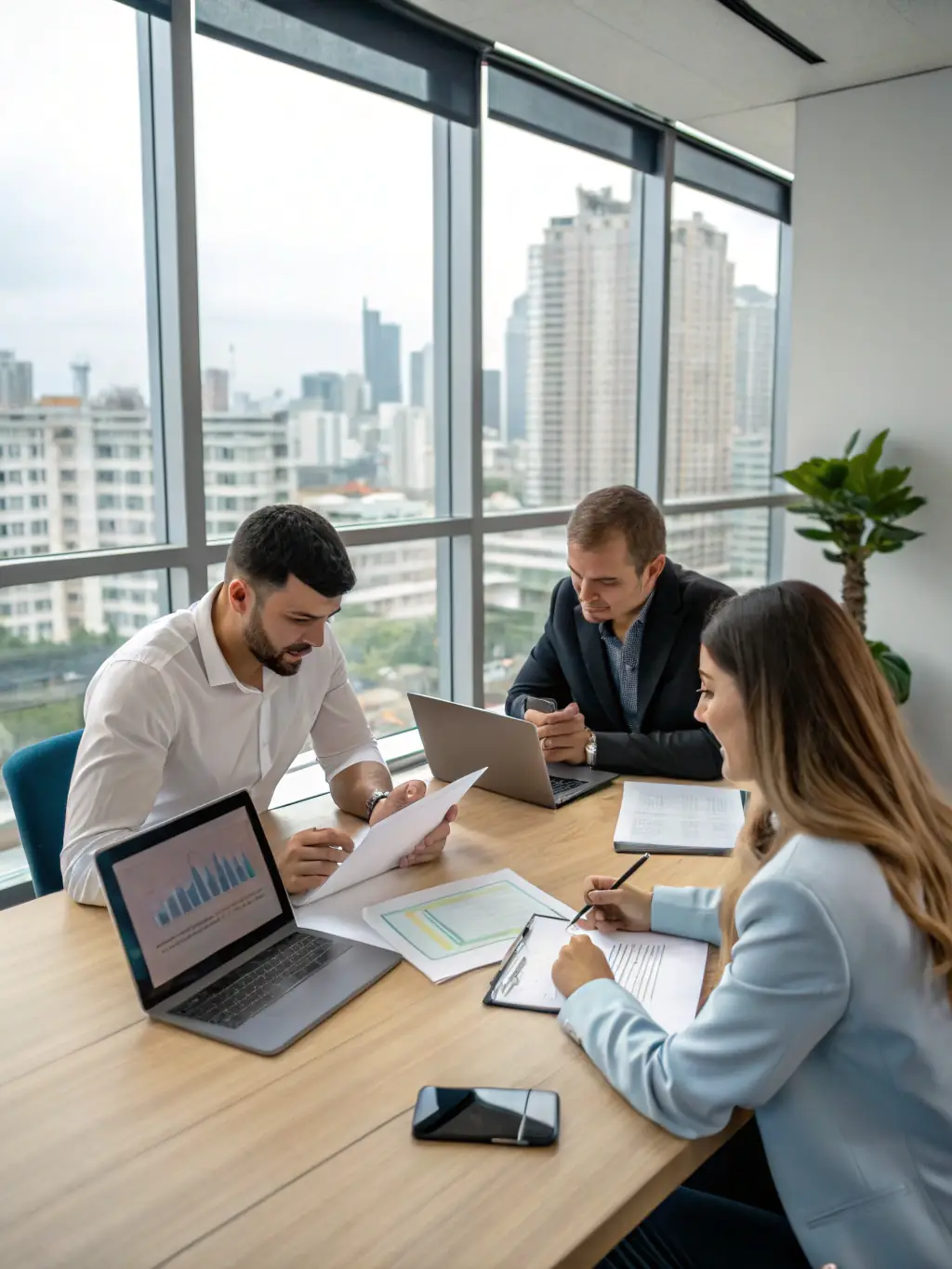 An image showcasing a team of consultants working on a digital transformation strategy with a client in a modern office setting, emphasizing collaboration and innovation.